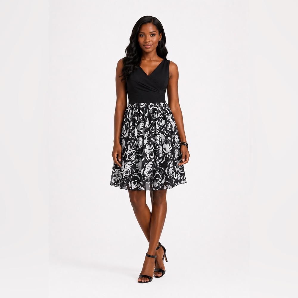 WHBM Black & White Floral Fit-and-Flare Dress